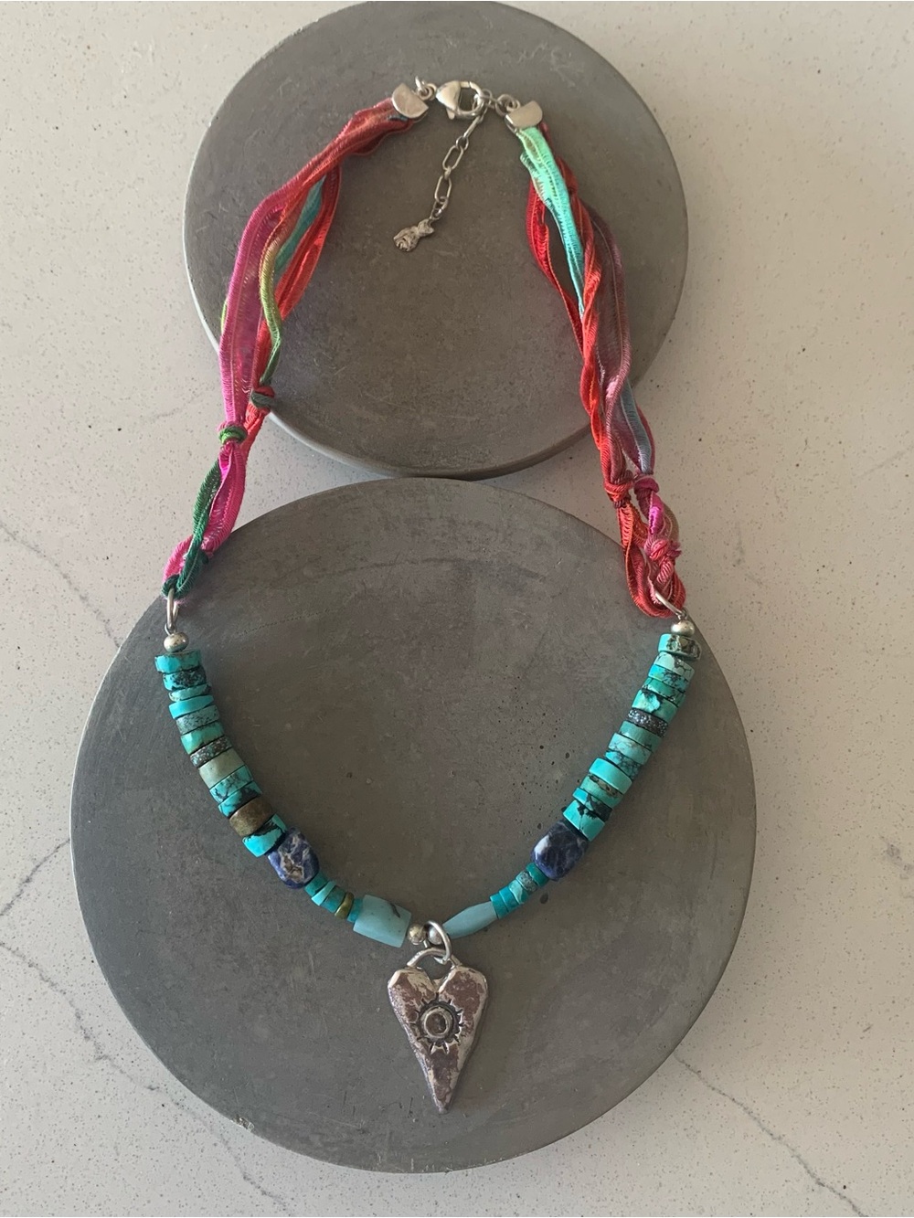 Turquoise Beaded Sterling Heart Pendant Necklace - Multicolor Silk Ribbon